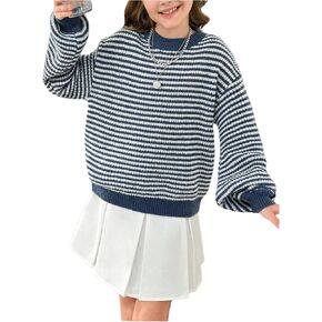 Girl's Striped Crewneck Sweater Lantern Sleeve Drop Shoulder Knit Jumper Top