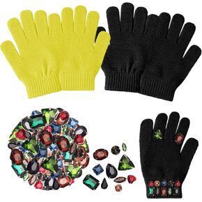 Tahonuss Winter Gloves Kids Full Fingers Knit Warm Gloves with Rhinestone Colorful Gemstones Mitten Anti Slip Skiing Gloves