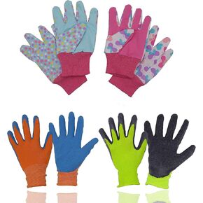 اثنين من أزواج من Handlandy Kids Gardening Gloves Foam Rubber المطلية ، حزمة مع زوجين من القفازات القطنية للأطفال للفتيان الفتيات-الحجم 4 (Age7-8) ، متوسط ​​(سن 7-8)