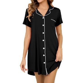 Nightgowns for Women Short Sleeve Button Down Nightshirt Soft Sleepshirt Boyfriend Pajama Dress