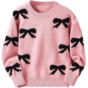 Girl's Bow Graphic Sweaters Crewneck Long Sleeve Knit Pullover Tops Drop Shoulder Knitwear