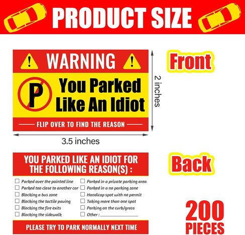 200 Pieces Bad Parking Cards You Parked Like an Idiot Card 3.5 x 2 Inches Funny Parking Violation Stickers Cards with Multi Violation Reasons in Kuwait