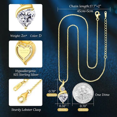 ANDSO Moissanite Heart Pendant Necklaces for Women，925 Sterling Silver Gold Plating Necklace with Birthstone，Ideal Anniversary Present or Birthday Jewelry Gifts for Mom Wife Her Girlfriend in Saudi Arabia