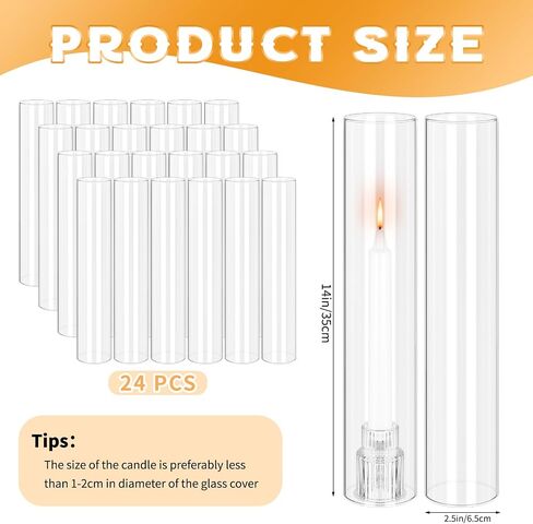 12 PCS Hurricane Candle Holder, 2.5" W x 14" H Open Ended Glass Candle Cylinder Sleeve, Clear Glass Cylinder Candle Holder, Open Flame Candle Chimney Tube Cover, Bottomless Cylindrical Glass in Kuwait