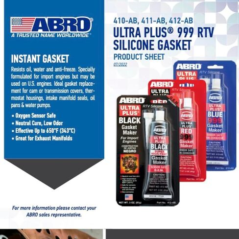 ABRO Ultra Plus 999 RTV Silicone Sealant and Samket Maker ، لمحركات الاستيراد ، مستشعر آمن ، غير قابل للتآكل ، مانع تسرب من حشية السيليكون/الرأس العالي ، 650 درجة فهرنهايت ، 3 أوقية. أنبوب - أسود in Kuwait