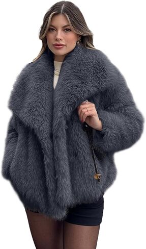 Shiyifa Faux Fur Coat for Women Fluffy Faux Fur Jacket Long Sleeve Open Front Cropped Fuzzy Outerwear in Kuwait