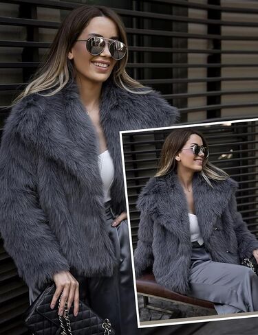 Shiyifa Faux Fur Coat for Women Fluffy Faux Fur Jacket Long Sleeve Open Front Cropped Fuzzy Outerwear in Kuwait