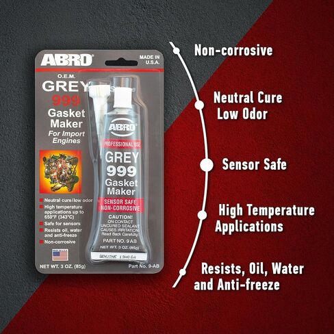ABRO 999 RTV Silicone Sealant and Gasket Maker - 650 Degrees F, OEM Specified, Sensor Safe, Non-Corrosive, High Temp Silicone Sealant/Head Gasket Sealant Neutral Cure, Low Odor, 3 oz. Tube - Grey in Saudi Arabia