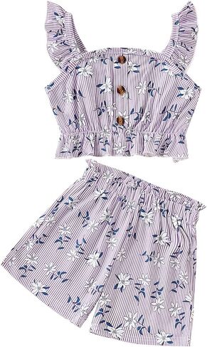 الأطفال الصغار الفتيات الفتيات الصيفية تصميم زر مخطط دبابة أعلى + شورتات مرنة الأزهار 2 قطعة in Kuwait