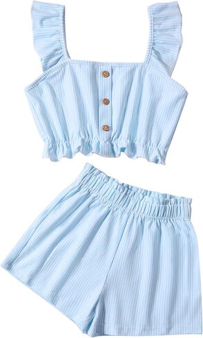 Girl's Summer Clothing Sets Knit Ruffle Striped T-Shirt and Shorts 2 Piece Outfits in Kuwait