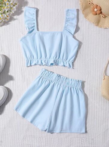Girl's Summer Clothing Sets Knit Ruffle Striped T-Shirt and Shorts 2 Piece Outfits in Kuwait