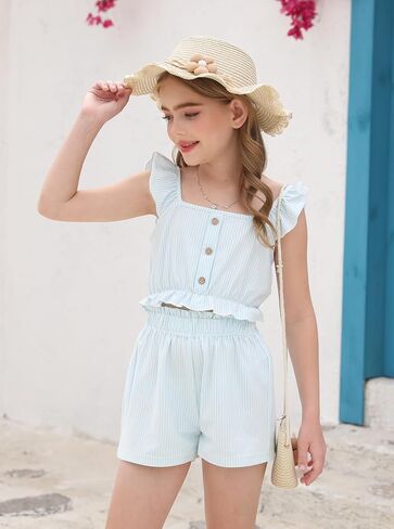 Girl's Summer Clothing Sets Knit Ruffle Striped T-Shirt and Shorts 2 Piece Outfits in Kuwait