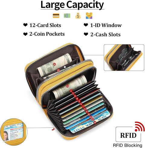 Credit Card Holder Wallet RFID Blocking Leather Small Wallet for Women Double Zipper Wallet with ID Window in Saudi Arabia