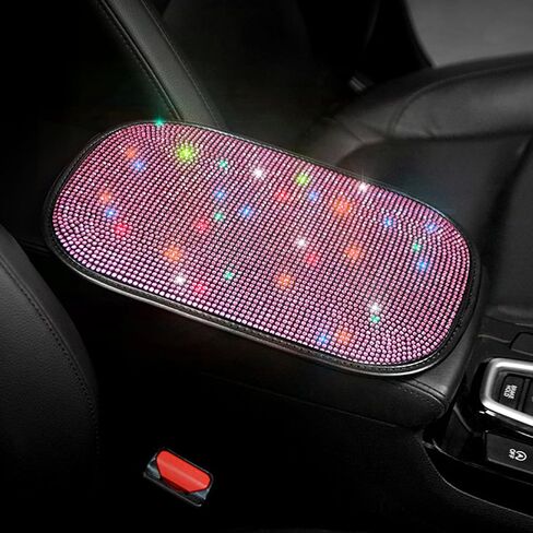 for White Bling Car Armrest Cover with Diamond Rhinestones - Universal Center Console Cover Protector with Side Pockets for Car Accessories fit Women fit Most Cars, Trucks, and SUV. in Saudi Arabia