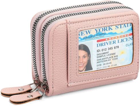 Credit Card Holder Wallet RFID Blocking Leather Small Wallet for Women Double Zipper Wallet with ID Window in Saudi Arabia
