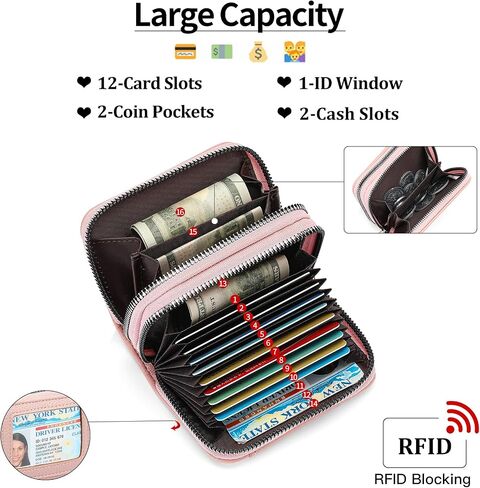 Credit Card Holder Wallet RFID Blocking Leather Small Wallet for Women Double Zipper Wallet with ID Window in Saudi Arabia