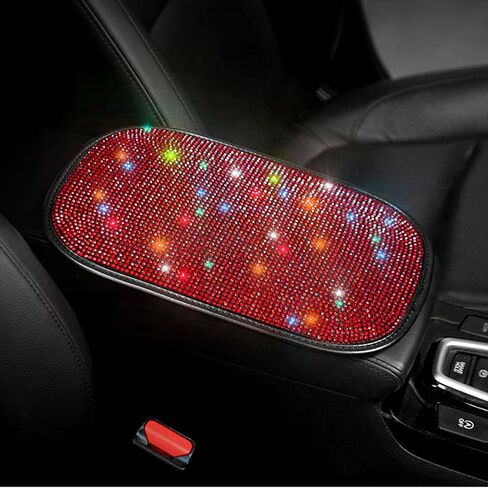 for White Bling Car Armrest Cover with Diamond Rhinestones - Universal Center Console Cover Protector with Side Pockets for Car Accessories fit Women fit Most Cars, Trucks, and SUV. in Saudi Arabia