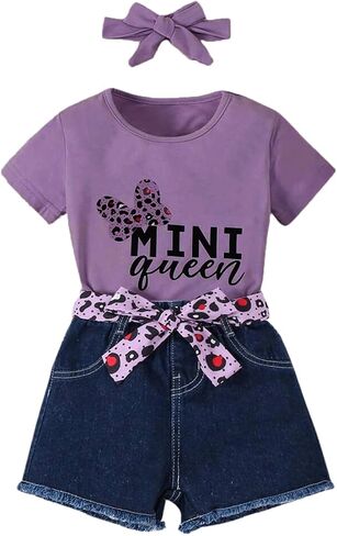 Kids Toddler Girls Summer Clothes Leopard Butterfly Print T-Shirt + Belted Denim Jeans Shorts 3PCS Outfits in Saudi Arabia
