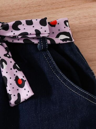 Kids Toddler Girls Summer Clothes Leopard Butterfly Print T-Shirt + Belted Denim Jeans Shorts 3PCS Outfits in Saudi Arabia