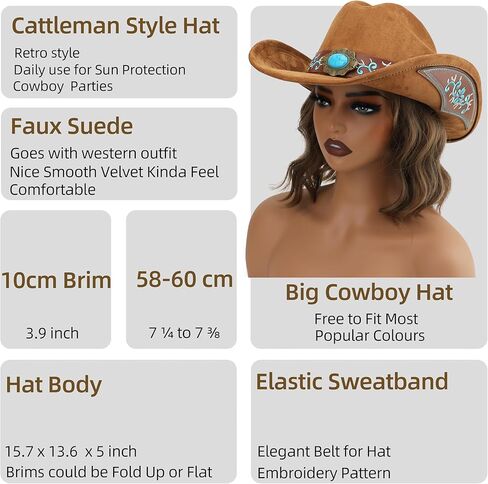 قبعة رعاة البقر الغربية للرجال والنساء ، قبعة رعاة البقر الكبرى الحافة الكبرى مع التطريز in Kuwait
