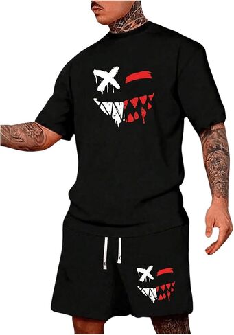 WDIRARA Men's 2 Piece Short Sets Graphic Print Short Sleeve T Shirts and Drawstring Shorts Clothing Set in Saudi Arabia