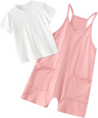 2 PCS Girls Cami Romper Thorts Plemsuit قصيرة مطابقة تي شيرت الأكمام القصيرة للأطفال غير الرسمي ، الصيف ، الشاطئ in Kuwait