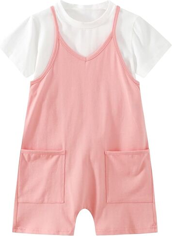 2 PCS Girls Cami Romper Thorts Plemsuit قصيرة مطابقة تي شيرت الأكمام القصيرة للأطفال غير الرسمي ، الصيف ، الشاطئ in Kuwait