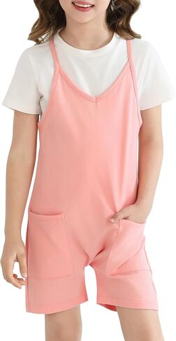 2 PCS Girls Cami Romper Thorts Plemsuit قصيرة مطابقة تي شيرت الأكمام القصيرة للأطفال غير الرسمي ، الصيف ، الشاطئ in Kuwait
