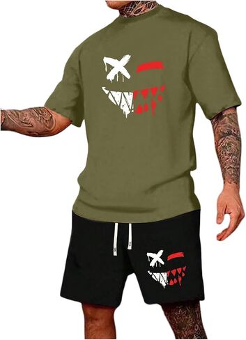 WDIRARA Men's 2 Piece Short Sets Graphic Print Short Sleeve T Shirts and Drawstring Shorts Clothing Set in Saudi Arabia