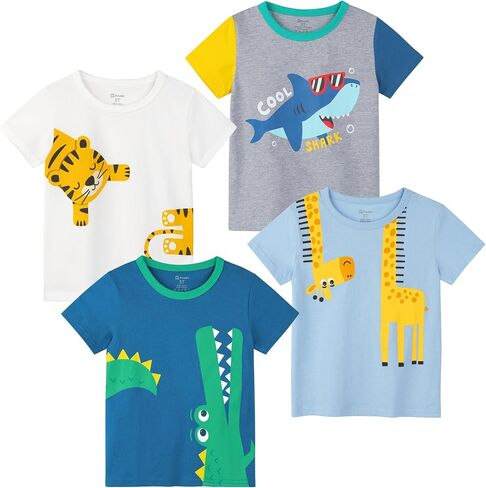 Poroka 4 Pack Toddler Boys Short Sleeve T-Shirts Crewneck Tee Shirts Cotton Cartoon Graphic Tops Tees Excavator Dinos Animal in Kuwait