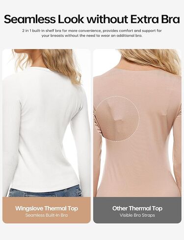 Wingslove Thermal Long Sleeve Built-in Bra for Women Boat Neck Tops for Fall and Winter Basics Shelf Bra Shirts in Kuwait