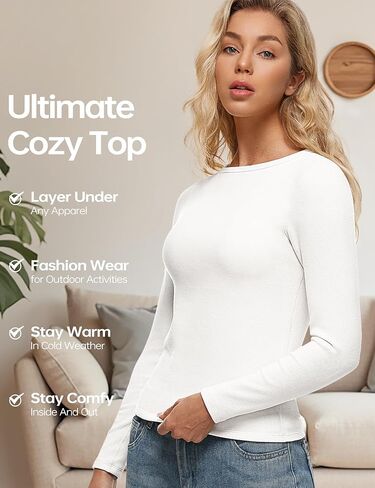Wingslove Thermal Long Sleeve Built-in Bra for Women Boat Neck Tops for Fall and Winter Basics Shelf Bra Shirts in Kuwait