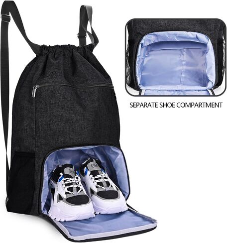 Drawstring Backpack with Wet Pocket & Shoe Compartment, Water-Resistant Sports Gym Swim String Bag for Women Men(Black) in Saudi Arabia