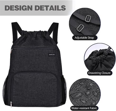 Drawstring Backpack with Wet Pocket & Shoe Compartment, Water-Resistant Sports Gym Swim String Bag for Women Men(Black) in Saudi Arabia