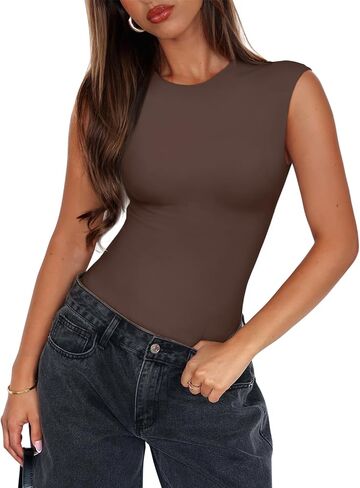 PINKMSTYLE Womens Crew Neck Sleeveless Bodysuit Double Lined Stretchy Fitted Basic Thong Body suit Tank Tops in Kuwait