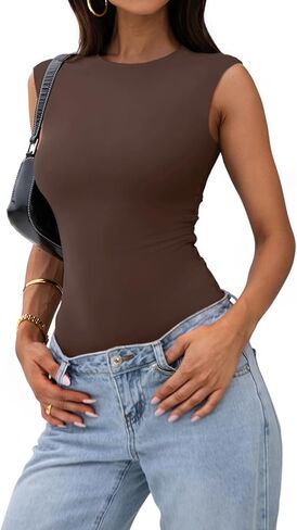 PINKMSTYLE Womens Crew Neck Sleeveless Bodysuit Double Lined Stretchy Fitted Basic Thong Body suit Tank Tops in Kuwait