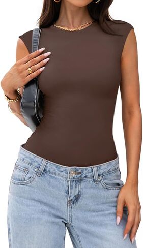 PINKMSTYLE Womens Crew Neck Sleeveless Bodysuit Double Lined Stretchy Fitted Basic Thong Body suit Tank Tops in Kuwait