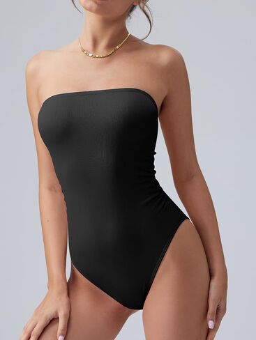 OQQ Womens Tube Bodysuits Strapless Basic Sleeveless Ruched Stretch Classic-Fit Tops Sexy Bodysuits in Saudi Arabia