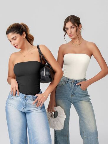 OQQ Womens Tube Bodysuits Strapless Basic Sleeveless Ruched Stretch Classic-Fit Tops Sexy Bodysuits in Saudi Arabia