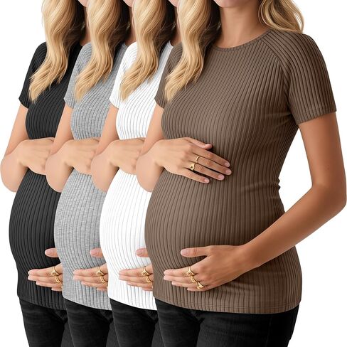 4 Pack Women's Maternity Shirts Short Sleeve Ribbed Pregnancy Tops Crew Neck Raglan Casual Cotton Summer Tee Tunic in Saudi Arabia