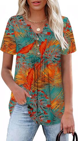 Wiholl Women Summer Tops Short Sleeve Tirts v Beck Button Button Dary Dishal Plateed Blouses Outfits in Kuwait