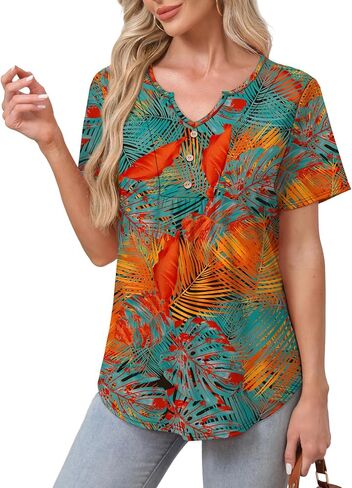 Wiholl Women Summer Tops Short Sleeve Tirts v Beck Button Button Dary Dishal Plateed Blouses Outfits in Kuwait