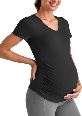 G4Free Lightweight Maternity Shirts Short Sleeve V Neck Pregnancy Workout Tops Side Ruched Stretchy Yoga Lounge Tees in Saudi Arabia