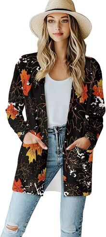 Fall Maple Leaf Cardigan Sweaters for Women Long Sleeve Cardigan Soft Drape Open Front Dusters V-Neck Jackets Dressy in Saudi Arabia