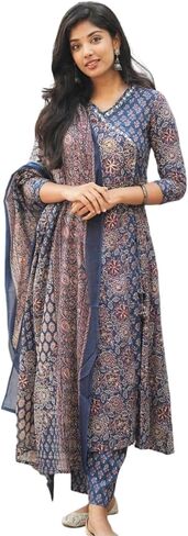 Women's Blue Cotton Printed V-Neck Anarkali Kurti Pant Set with Dupatta in Kuwait