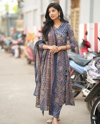 Women's Blue Cotton Printed V-Neck Anarkali Kurti Pant Set with Dupatta in Kuwait