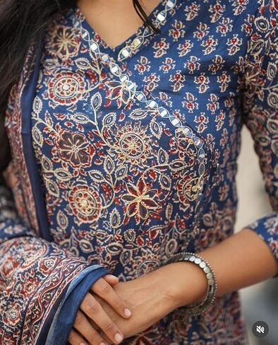 Women's Blue Cotton Printed V-Neck Anarkali Kurti Pant Set with Dupatta in Kuwait