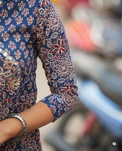 Women's Blue Cotton Printed V-Neck Anarkali Kurti Pant Set with Dupatta in Kuwait