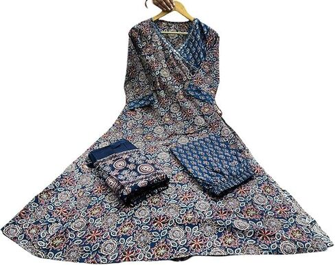 Women's Blue Cotton Printed V-Neck Anarkali Kurti Pant Set with Dupatta in Kuwait