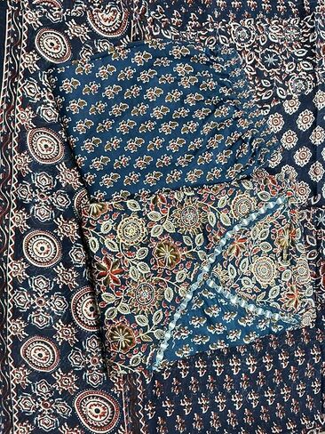 Women's Blue Cotton Printed V-Neck Anarkali Kurti Pant Set with Dupatta in Kuwait